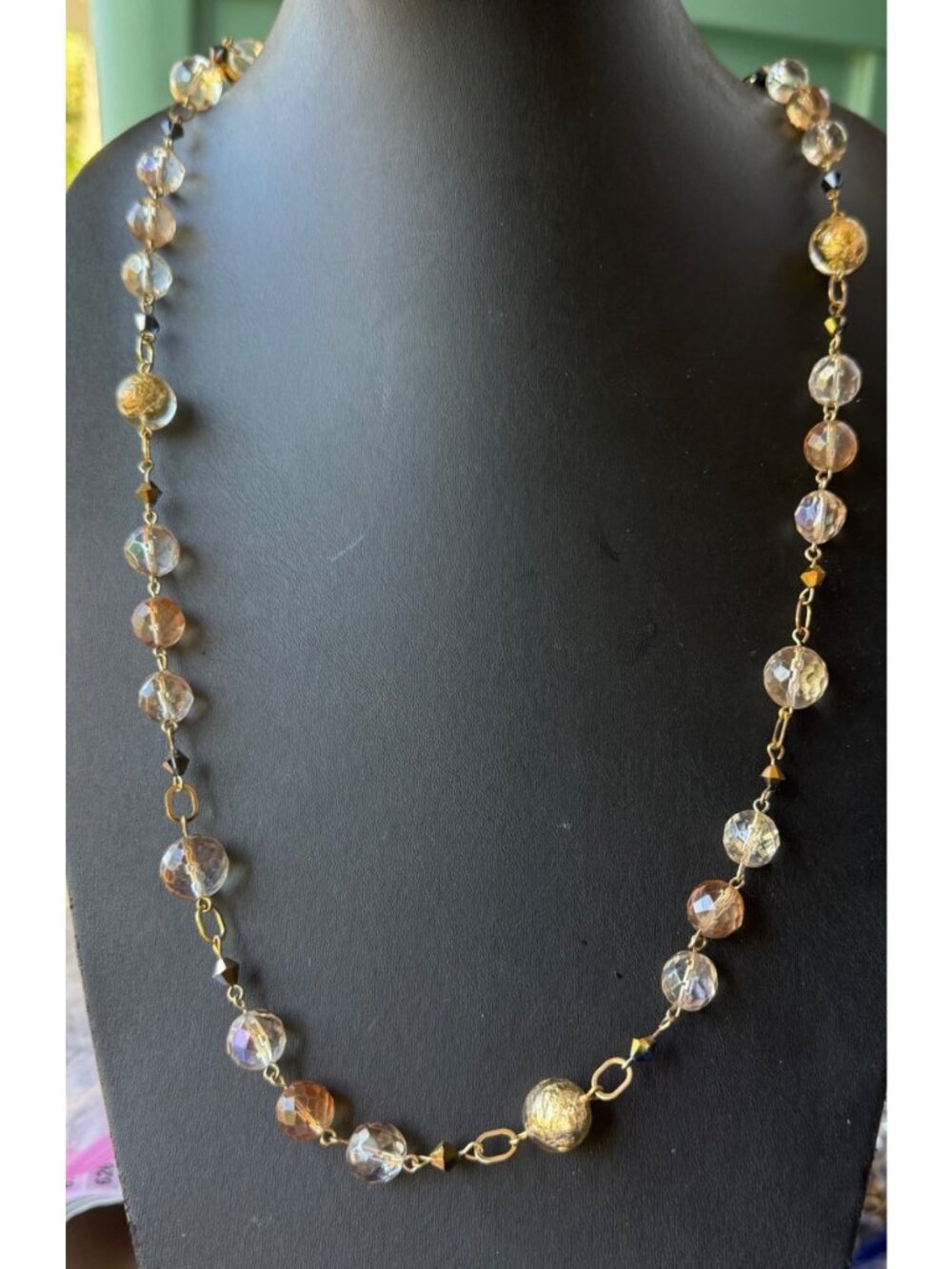 Vintage Uranium Glass Beaded  41 inch Gold-Tone Necklace Faceted